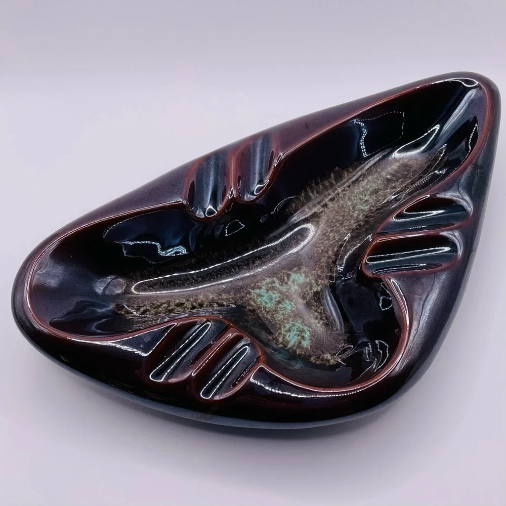 MCM Boomerang 1960s Ashtray Drip Glaze Brown and Teal
